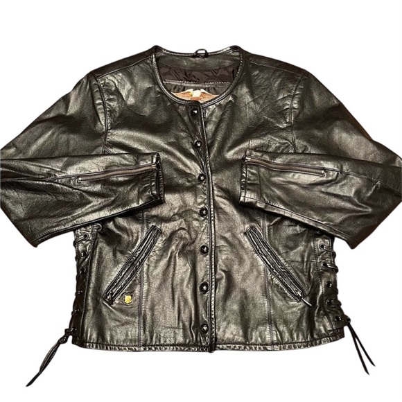 Women’s Harley-Davidson Black Leather Lace Up Side Tie Motorcycle Jacket Size M - Picture 1 of 11